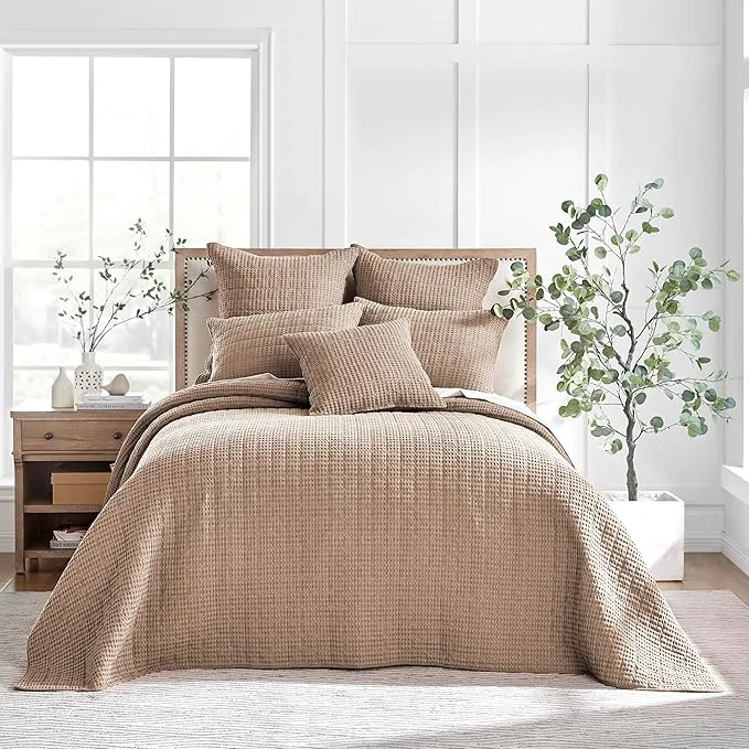 Modern Levtex Home Mills Waffle King Bedspread Set 122x106in with 2 Pillow Shams 36x20in – Blush – Cotton Waffle King Size Bedspread Set – Soft Pre-Washed Dependable