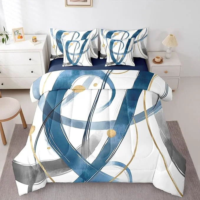 Elegant Erosebridal Blue Abstract 7 Piece Comforter Set Queen Modern Gold Grey Line Bedding Set Minimalist Simple Cool Unique Geometric Comforter for Man Teens Fashion Aesthetic Sheet Set Room Decor Lightweight