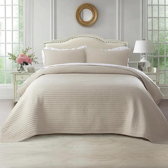 High-End Kasentex Quilt Mini Set – Stone Washed – Super Soft Bedspread – Light Weight – – White Down Microfiber Fill – Machine Washable – Solid Colors Full Queen 2 Shams Camel