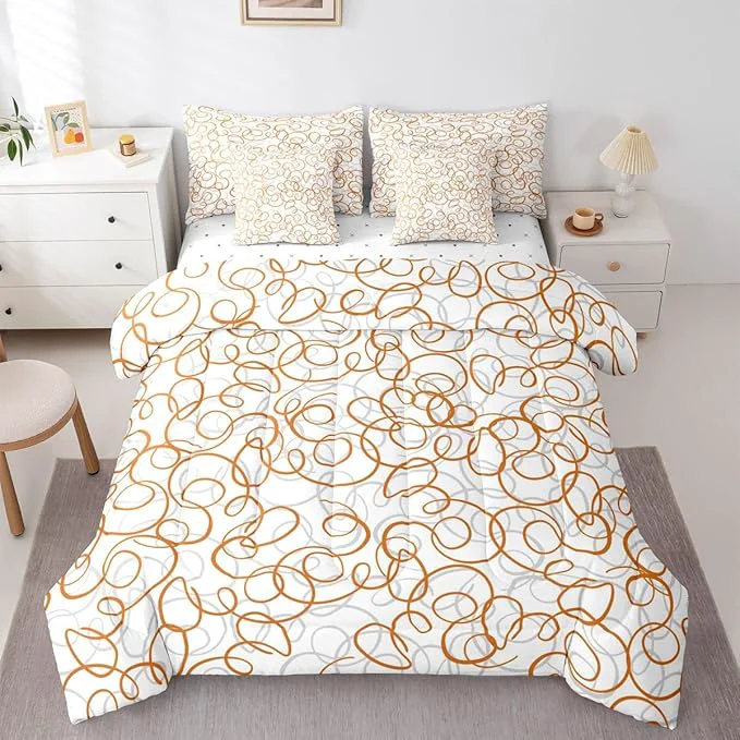 Optimized Erosebridal Geometric 7 Piece Comforter Set Twin Bed in A Bag Orange White Abstract Lines Bedding Set for Boys Girls Bedroom Modern Abstract Texture Quilt Contemporary Swirls Aesthetic Sheet Set Smooth
