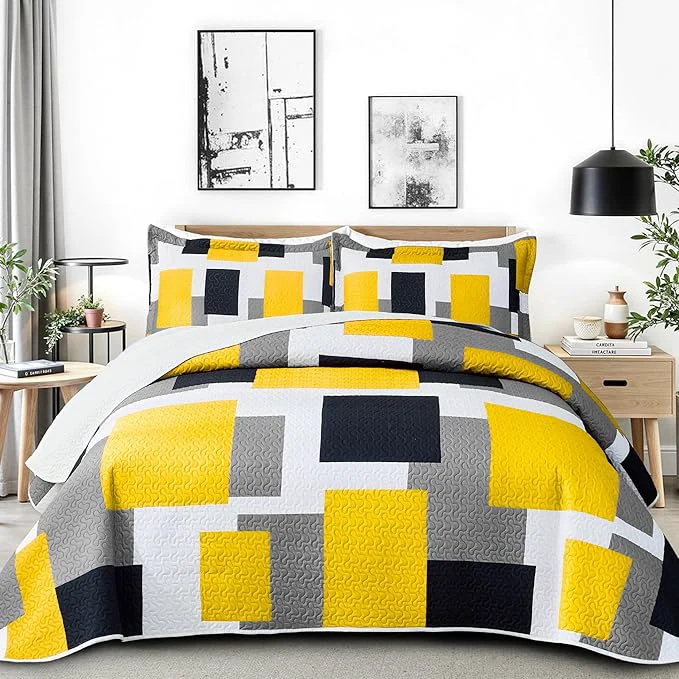 Reliable 3 Piece Yellow Grey Quilt Set King Size Yellow Gray White Geometric Reversible Bedding Set Microfiber Lightweight Bedspread Coverlet with 2 Shams Modern Bed Cover for All Season 106 39 39 x96 39 39 Outstanding