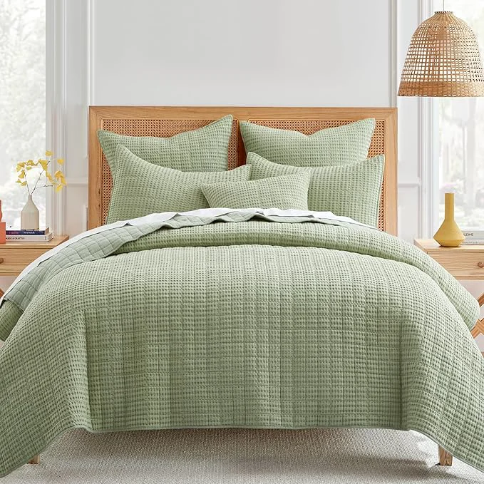 Eco-Friendly Levtex Home Mills Waffle King Cal King Quilt Set 106x92in with 2 Pillow Shams 36x20in – Desert Sage – Cotton King Size Quilt Bedding Set – Lightweight Soft Pre-Washed Organic