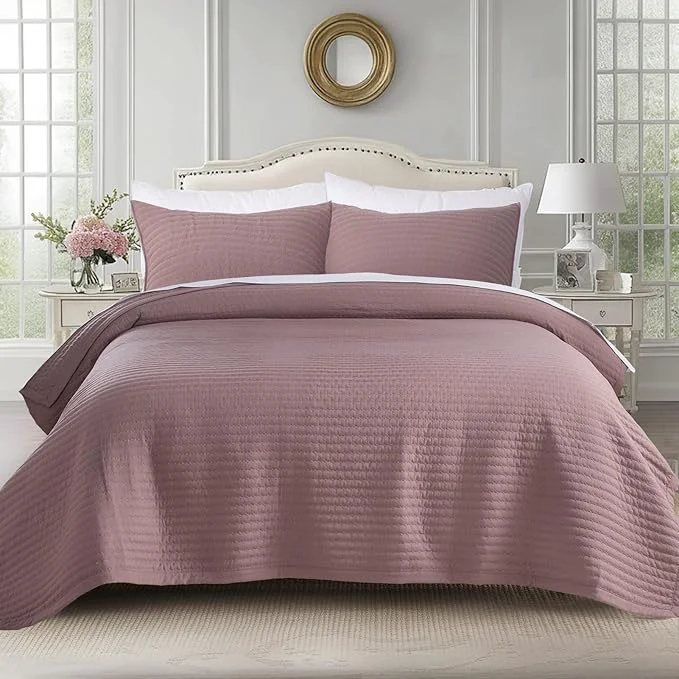 Smooth Oversized King Quilt Set 112 quot x106 quot – Soft Washed 3-Layer Lightweight California King Bedspread Minimalist Nordic Design All-Season Quilt Bedding 1 Quilt 2 Pillow Shams Twilight Mauve Purple Original Design