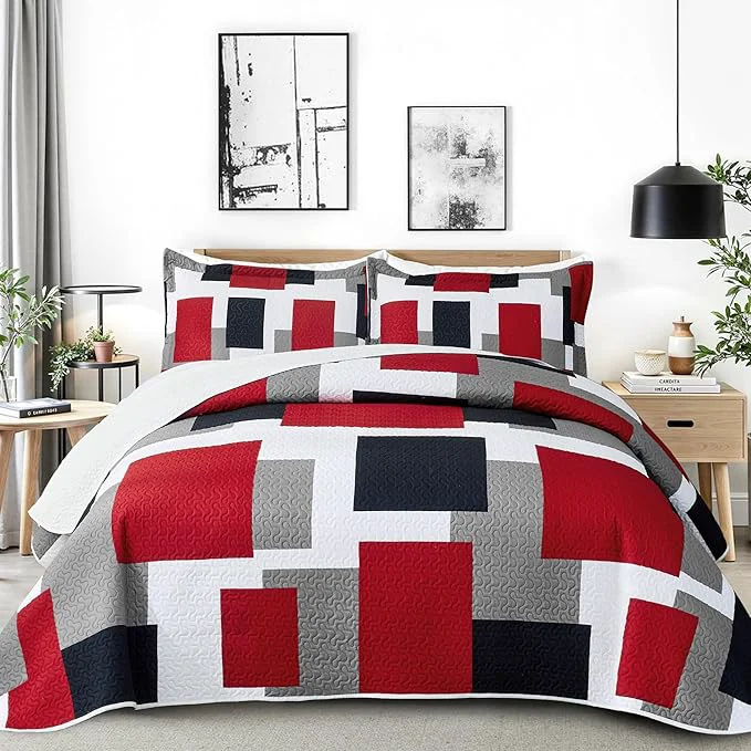 Practical 3 Piece Red Black Grey Quilt Set Full Queen Size Christmas Red Geometric Reversible Bedding Set Microfiber Lightweight Bedspread Coverlet with 2 Shams Modern Bed Cover for All Season 90 39 39 x96 39 39 Fine Crafted