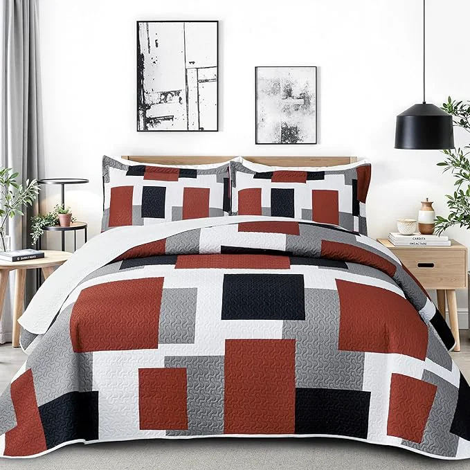 3 Piece Burnt Orange Grey Quilt Set Full Queen Size Black White Gray Geometric Reversible Bedding Set Microfiber Lightweight Bedspread Coverlet with 2 Shams Bed Covers for All Season 90 39 39 x96 39 39 Advanced