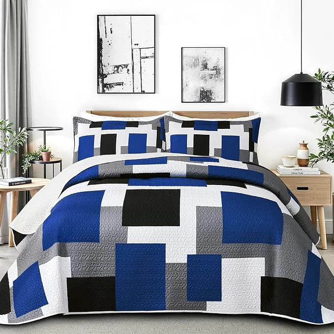 Efficient 3 Piece Blue White Grey Quilt Set Full Queen Size Black White Geometric Reversible Bedding Set Microfiber Lightweight Bedspread Coverlet with 2 Shams Modern Bed Covers for All Season 90 39 39 x96 39 39 Proven