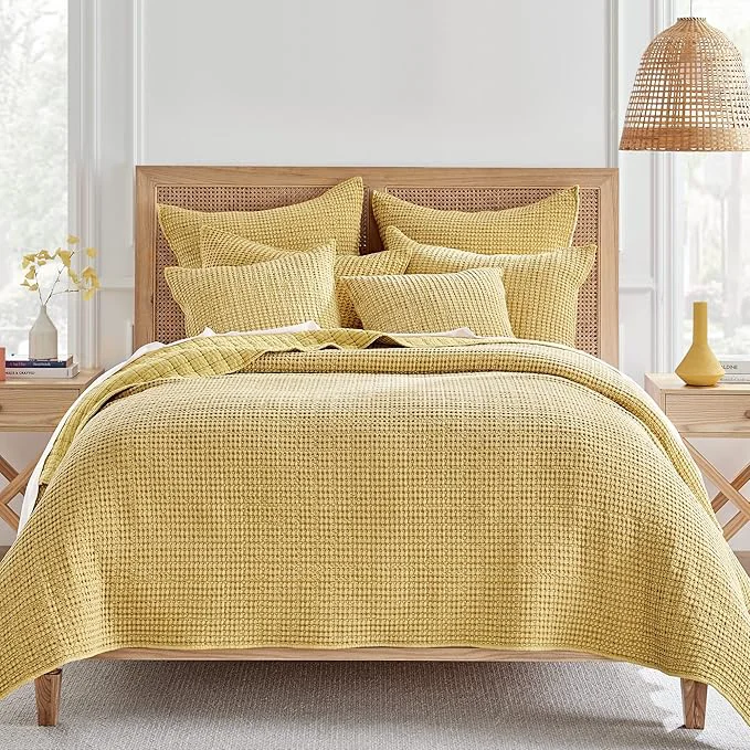 Secure Levtex Home Mills Waffle King Cal King Quilt Set 106x92in with 2 Pillow Shams 36x20in – Ochre – Cotton Waffle King Size Quilt Bedding Set – Lightweight Soft Pre-Washed Quality