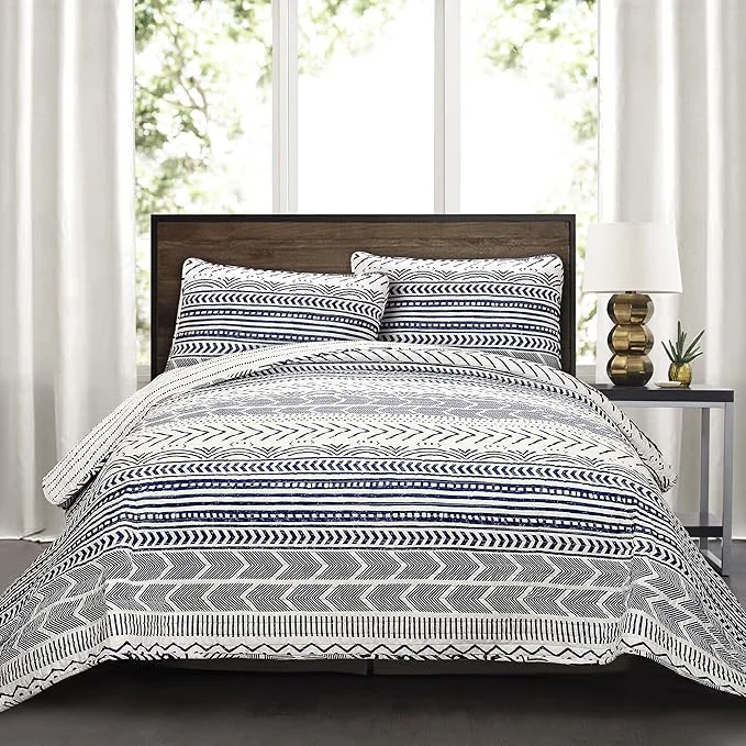 High-Grade Lush Decor Hygge Geo Pattern Striped 3 Piece Quilt Bedding Set King Navy amp White Specialty