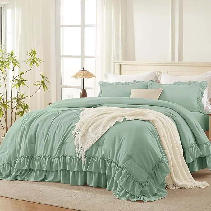Environmentally Friendly Andency Sage Green California King Comforter Set 3 Pieces Farmhouse Shabby Chic Bedding Comforter Sets Lightweight Fluffy Soft Polyester All Season Bed Set 104x96In Comforter Minimalist
