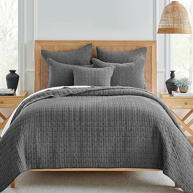 Enhanced Levtex Home Mills Waffle King Cal King Quilt Set 106x92in with 2 Pillow Shams 36x20in – Charcoal – Cotton King Size Quilt Bedding Set – Lightweight Soft Pre-Washed Functional