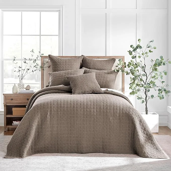 Carefully Designed Levtex Home Mills Waffle King Bedspread Set 122x106in with 2 Pillow Shams 36x20in – Cocoa – Cotton Waffle King Size Bedspread Set – Soft Pre-Washed Smart