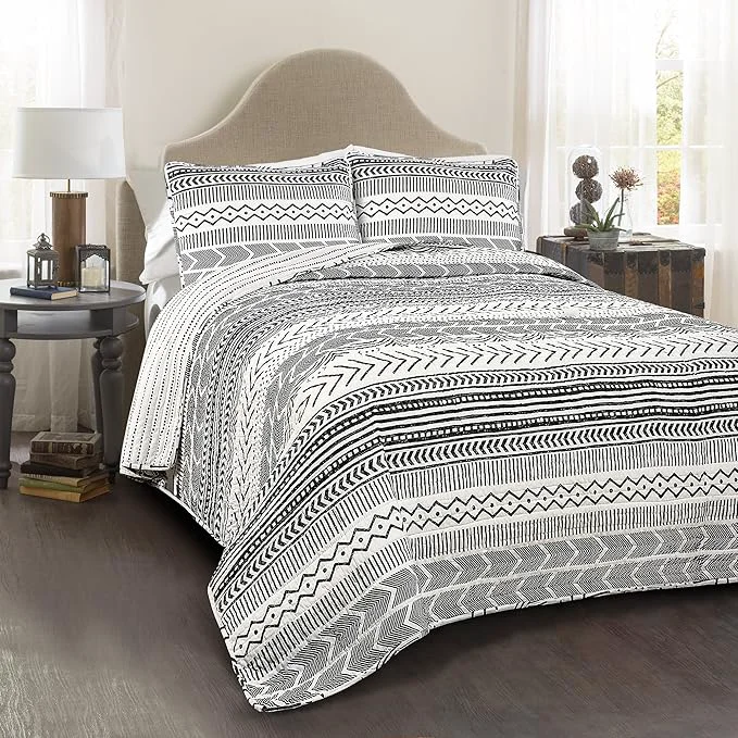 Elite Lush Decor Hygge Geo Pattern Striped 3 Piece Quilt Bedding Set King Black amp White Official