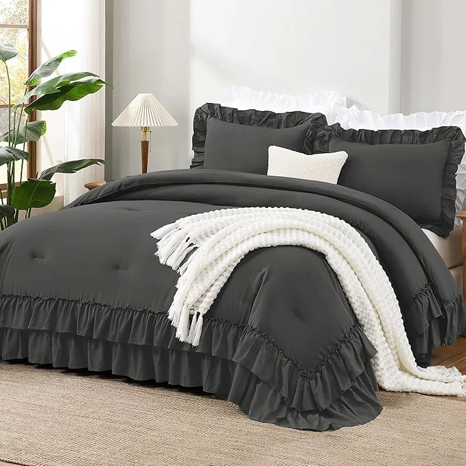 Andency Dark Grey King Comforter Set Gray Ruffle Farmhouse Shabby Chic Bedding Set All Season Soft Lightweight Down Polyester Bed Comforter Sets Natural