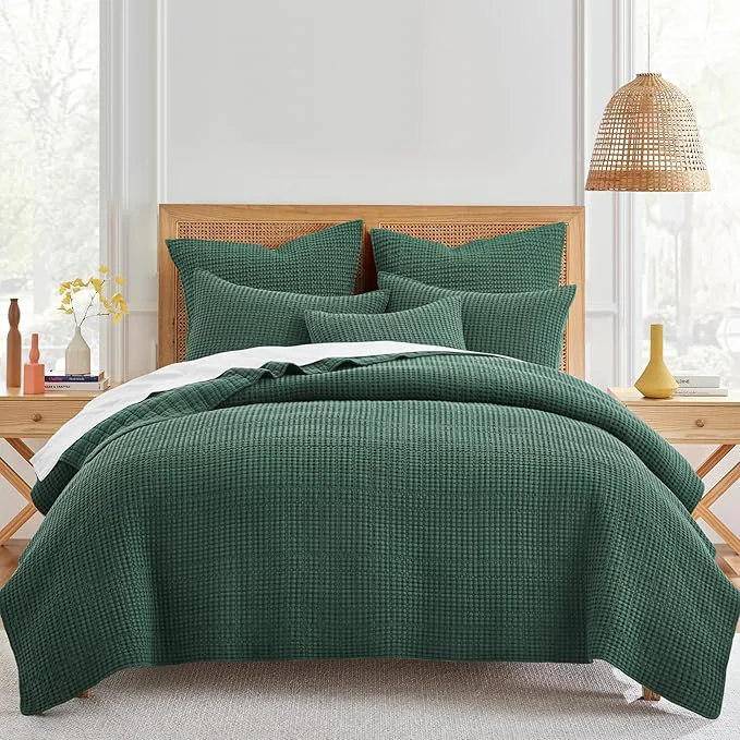 Specialty Levtex Home Mills Waffle Full Queen Quilt Set 88x92in with 2 Pillow Shams 26x20in – Forest Green – Cotton Full Queen Size Quilt Bedding Set – Lightweight Soft Pre-Washed Proven