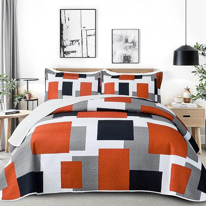 Premium 3 Piece Orange Grey Quilt Set Full Queen Size Black White Gray Geometric Reversible Bedding Set Microfiber Lightweight Bedspread Coverlet with 2 Shams Modern Bed Covers for All Season 90 39 39 x96 39 39 Environmentally Friendly