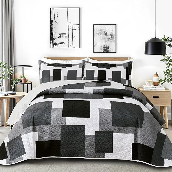 3 Piece Black Grey Quilt Set Full Queen Size Black White Geometric Reversible Bedding Set Microfiber Lightweight Bedspread Coverlet with 2 Shams Modern Bed Covers for All Season 90 39 39 x96 39 39 Exceptional