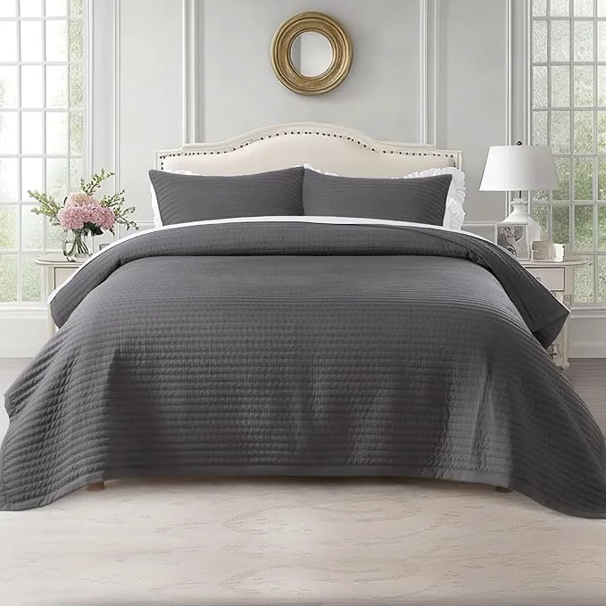 Elegant KASENTEX Oversized Queen Quilt Set 102 quot x106 quot – Soft Washed 3-Layer Lightweight Bedspread Minimalist Nordic Design All-Season Spring amp Summer Quilt Set 1 Quilt 2 Pillow Shams Tornado Dark Grey Prestigious