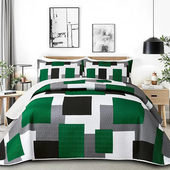 Soft 2 Piece Green Quilt Set Twin Size Black Grey White Geometric Reversible Bedding Set Microfiber Lightweight Bedspread Coverlet with 1 Sham Modern Abstract Bed Cover for All Season 68 39 39 x86 39 39 Original