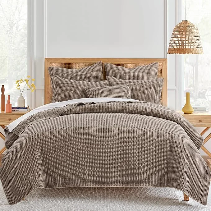 Natural Levtex Home Mills Waffle Full Queen Quilt Set 88x92in with 2 Pillow Shams 26x20in – Cocoa – Cotton Waffle Full Queen Size Quilt Bedding Set – Lightweight Soft Pre-Washed Certified