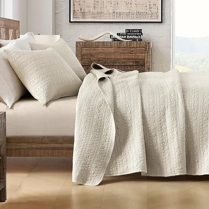 First-Class HORIMOTE HOME Quilt Set Queen Size Light Beige Soft Lightweight Pre-Washed Microfiber Circle Stitches Queen Quilt Bedding Set All Season Spring Summer Bedspread Coverlet 2 Pillow Sham 90×96 Inches Long-Lasting