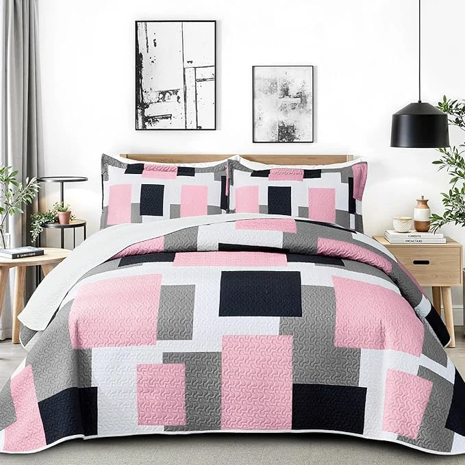 Functional 2 Piece Pink Grey Quilt Set Twin Size Pink Gray White Geometric Reversible Bedding Set Microfiber Lightweight Bedspread Coverlet with 1 Sham1 Modern Bed Cover for All Season 68 39 39 x86 39 39 Genuine