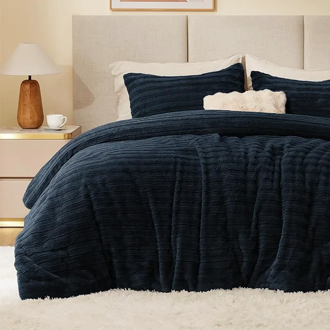 Innovative BEDELITE Fleece Queen Comforter Set -Super Soft amp Warm Fluffy Navy Faux Fur Bedding Luxury Fuzzy Heavy Bed Set for Winter with 2 Pillow Cases Comfortable
