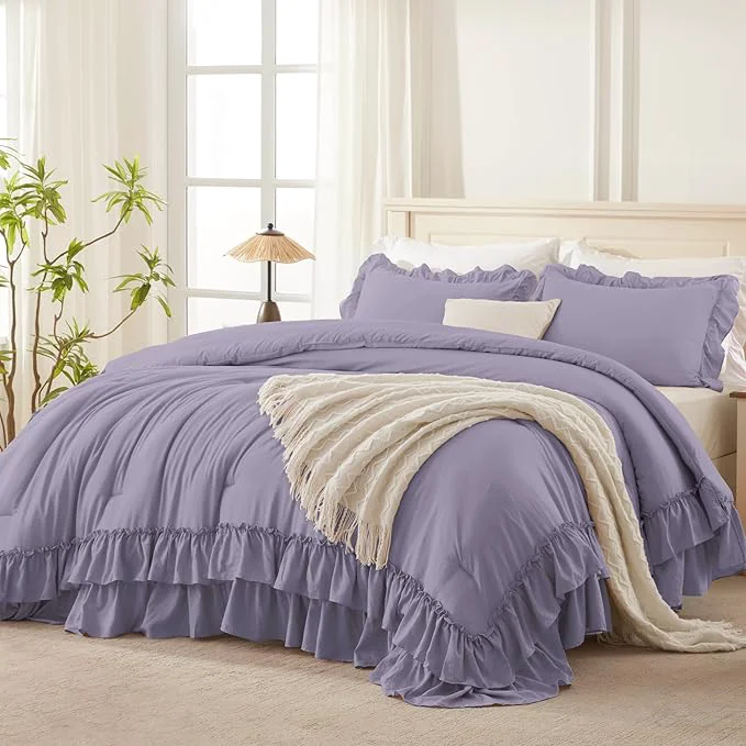 Versatile Andency Grayish Purple Ruffle Comforter Set King Shabby Chic Farmhouse Bedding Comforter Soft Lightweight Fluffy Polyester Bet Set All Season 3 Pieces Solid Comforter Set Dependable