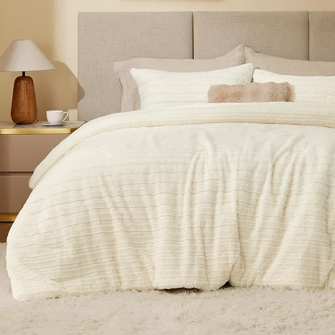 Classic BEDELITE Fleece King Comforter Set -Super Soft amp Warm Fluffy Cream White Faux Fur Bedding Luxury Fuzzy Heavy Bed Set for Winter with 2 Pillow Cases Sustainable