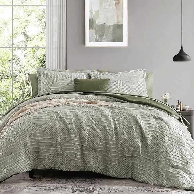 Versatile MaiRêve Full Size Comforter Set Crinkle Textured Light Olive Green Diamond Boho Bedding Set 7 Pieces Bed in A Bag All Season Geometric Comforter Set with Sheets Pillowcases amp Shams Smart