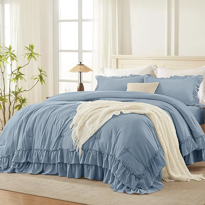Convenient Andency Twin XL Ruffle Comforter Set 2 Pieces Shabby Chic Farmhouse Bedding Set Lightweight Soft Comforter Set 68×92In for Girls Women 1 Comforter 1 Pillowcase Grayish Blue Trendy