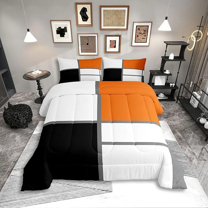 Next-Generation Erosebridal Geometric Abstract Toddler Comforter Blue and White Striped Bedding Set Square Grid Duvet Insert Modern Art Patchwork Bed Sets for Minimalist Verified