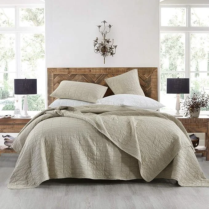 Sustainable HORIMOTE HOME Quilt Set King Size Stone-Washed Chic Rustic Beige Coverlet with Classic Triangle Stitched Pattern Ultra Soft Lightweight Quilted Bedspread for All Season 3 Pieces Trusted