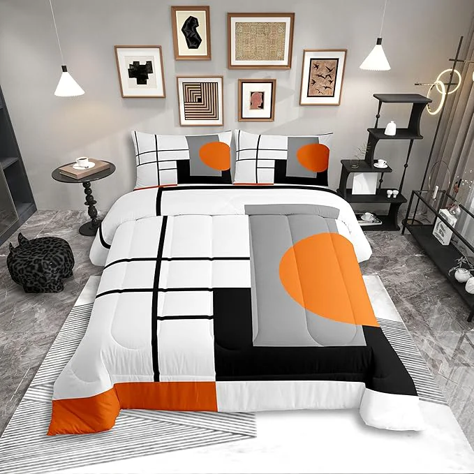 Next-Generation Erosebridal White Black Orange Striped Queen Comforter Set for Adult Women Men Boho Modern Geometric Abstract Bedding Set Stripes Lines Bed Set Minimalist Square and Circle Quilt Set Pure