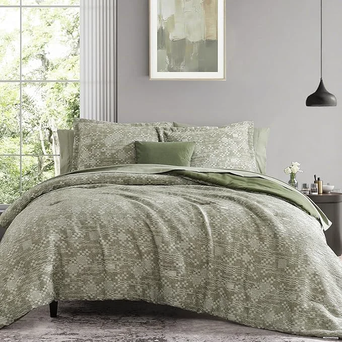 Exceptional MaiRêve Full Size Comforter Set Olive Green Crinkle Textured Design Bedding Set 7 Pieces Bed in A Bag All Season Farmhouse Comforter Set with Sheets Pillowcases amp Shams Unique