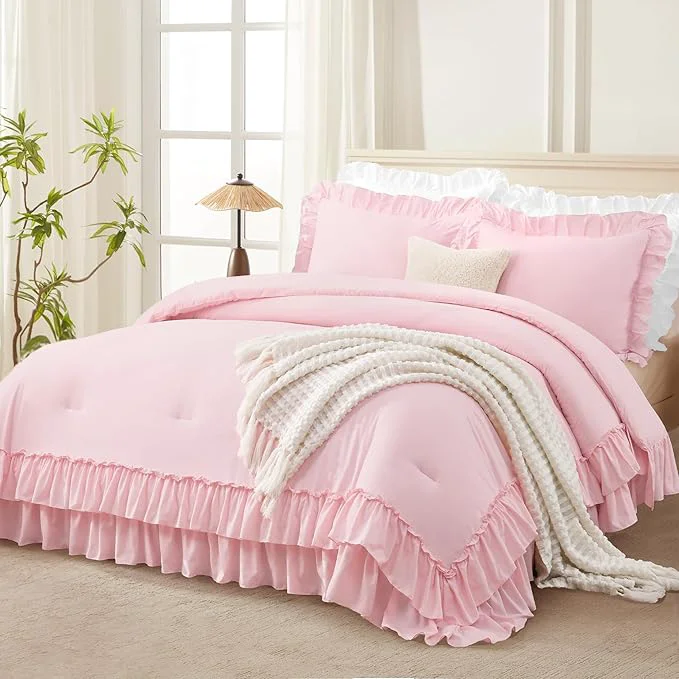 Carefully Designed Andency Super King Plus Ruffle Comforter Set 3 Pieces Cute Farmhouse Shabby Chic Bedding Set Soft Lightweight Ruffled Oversized California King Comforter 128×120 1 Comforter 2 Pillowcases Pink Trendy