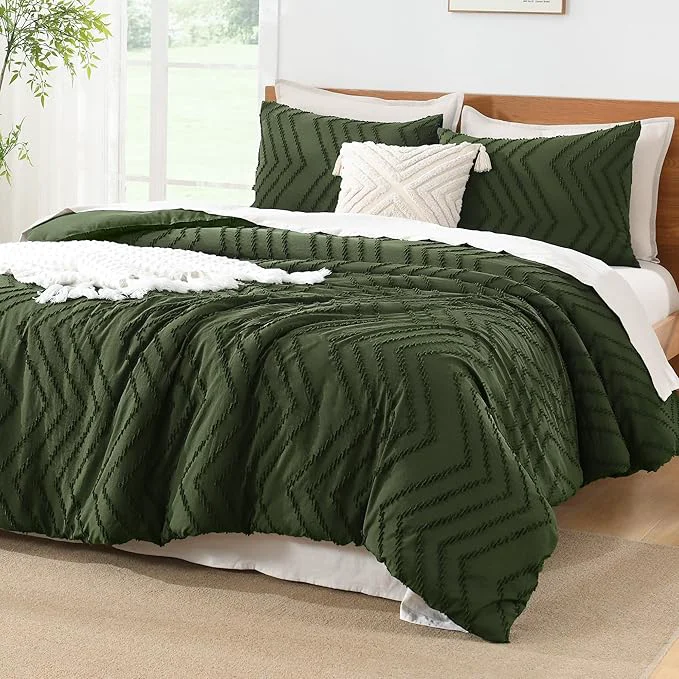 Elite Litanika Comforter Super King Size Set Olive Green 3 Pieces Chevron Tufted Solid Bedding Comforter Sets Fluffy Bed Set Modern