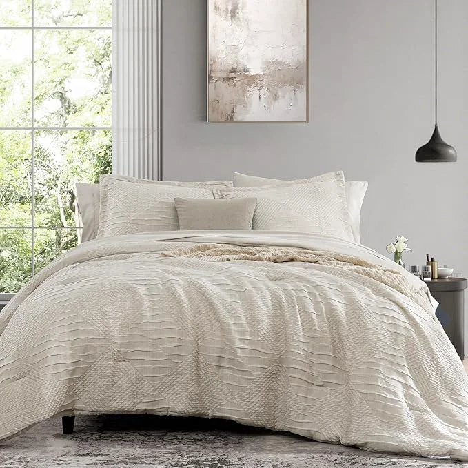 Healthy MaiRêve King Comforter Set Beige Crinkle Textured Design Boho Bedding Set 7 Pieces Bed in A Bag All Season Geometric Comforter Set with Sheets Pillowcases amp Shams Organic