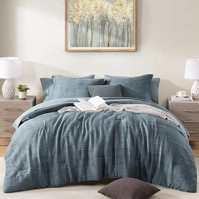 Certified MaiRêve Queen Comforter Set Dusty Blue Textured Design Crinkle Bedding Sets 7 Pieces All Season Bed in A Bag with Comforter Sheets Pillowcases amp Shams Innovative