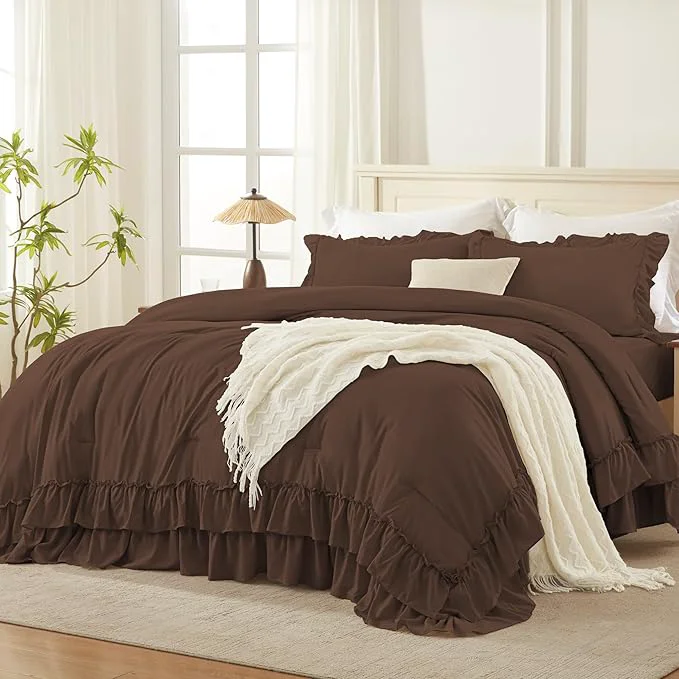 Dependable Andency Brown Oversized King Comforter Set 120x98Inch 3 Pieces Ruffle Comforter Set with 2 Pillowcases Farmhouse Shabby Chic Lightweight Fluffy Soft Polyester All Season Bed Set Responsible