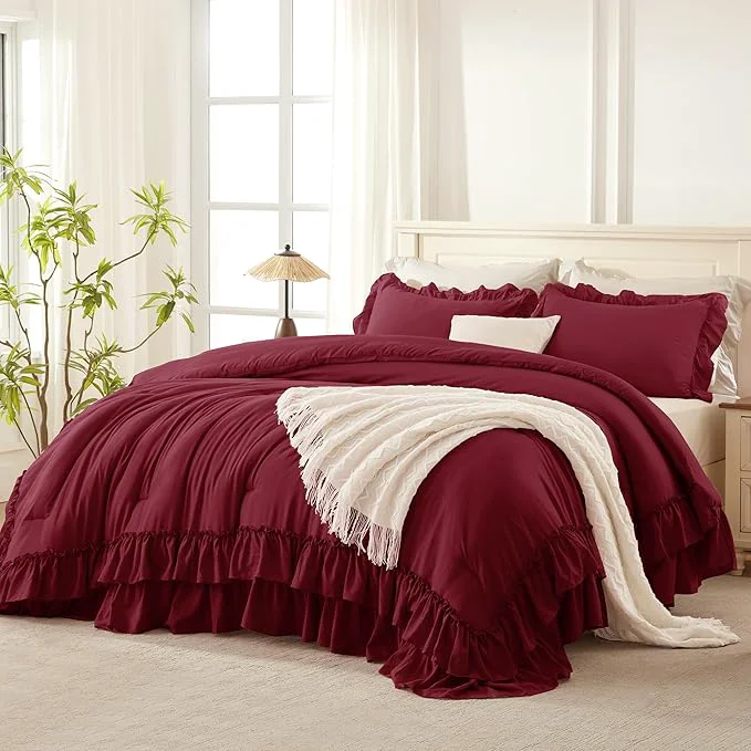Andency Burgundy Ruffle Comforter Full Set 3pcs Vintage Farmhouse Shabby Chic Bedding Comforter Set Soft Lightweight Fluffy Bed Comforter Sets All Season Bedding Set Powerful