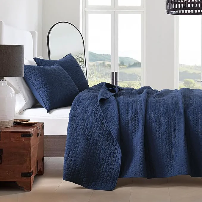 Prestigious HORIMOTE HOME Quilt Set Twin Size Navy Blue Classic Geometric Spots Stitched Pattern Pre-Washed Microfiber Chic Rustic Look Ultra Soft Lightweight Quilted Bedspread for All Season 2 Pieces Modern
