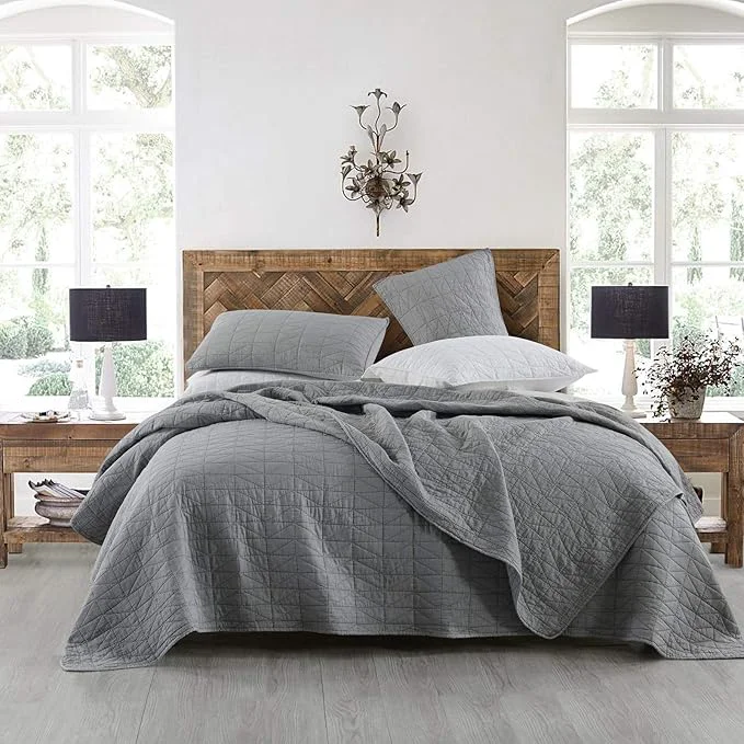 Convenient HORIMOTE HOME Quilt Set Twin Size Stone-Washed Chic Rustic Grey Coverlet with Classic Triangle Stitched Pattern Ultra Soft Lightweight Quilted Bedspread for All Season 2 Pieces Optimized