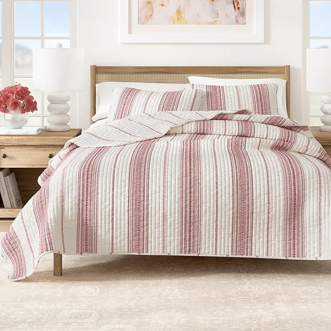 Healthy Great Bay Home Striped Quilt Set – 3-Piece King California King Size Farmhouse Bedding Set – Lightweight All-Season Reversible Bedspread Red Genuine