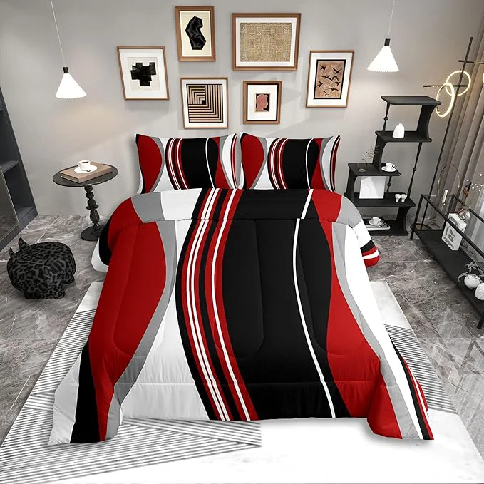 Erosebridal Red and Black Striped Bedding Set Full Size Grey Modern Abstract Comforter Set for Adult Women Men Geometric Stripes Lines Bed Sets Contemporary Art Boho Duvet Quilt Sets for Minimalist Exclusive