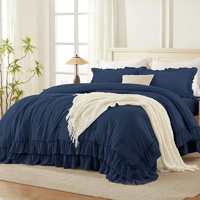 Versatile Andency Navy Blue California King Comforter Set 104x96Inch 3 Pieces Farmhouse Shabby Chic Ruffle Bedding Comforter Sets Lightweight Fluffy Soft Polyester All Season Bed Set