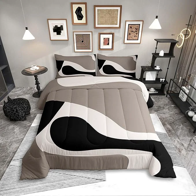 Reusable Erosebridal Black Beige Striped Comforter Set Queen Size Boho Modern Geometric Abstract Bedding for Women Men Adults Stripes Bold Lines Quilt Minimalist Stylish Art Bedding Comforter Sets Superior