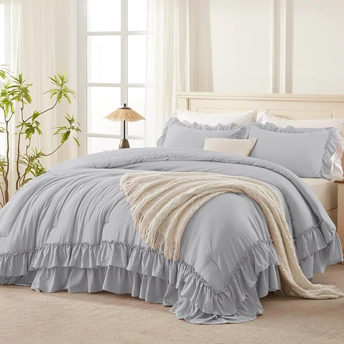 Andency Light Gray Ruffle Comforter Set King Shabby Chic Farmhouse Bedding Comforter Soft Lightweight Fluffy Polyester Bet Set All Season 3 Pieces Solid Comforter Set Prestigious