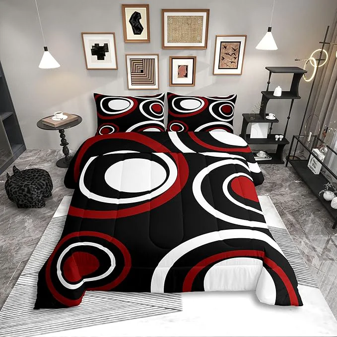 Casual Erosebridal Red Black Striped King Bedding Set Modern Circle Abstract Comforter Set for Adult Women Men Contemporary Graffiti Lines Bed Collections Minimalists Aesthetic Boho Duvet Quilt Sets Safe