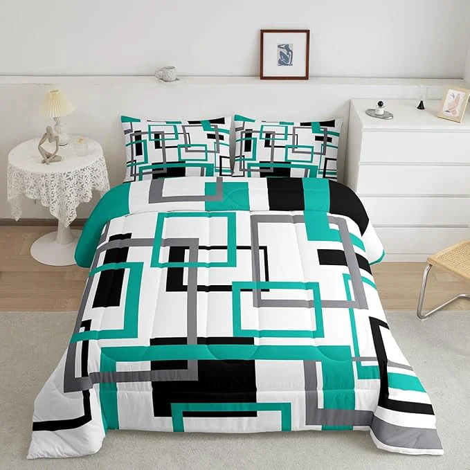 Expertly Made Erosebridal Square Comforter Set for Teens Youth Black White Blue Bedding Set Geometric Quilt Set Modern Bedroom Decor Mid Century Grid Duvet Insert with 1 Pillowcase Lightweight Warm Twin Official