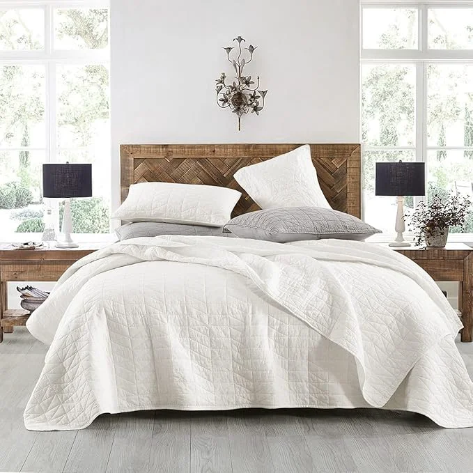 Clean HORIMOTE HOME Quilt Set Queen Size Stone-Washed Chic Rustic Cream White Coverlet with Classic Triangle Stitched Pattern Ultra Soft Lightweight Quilted Bedspread for All Season 3 Pieces High-Grade